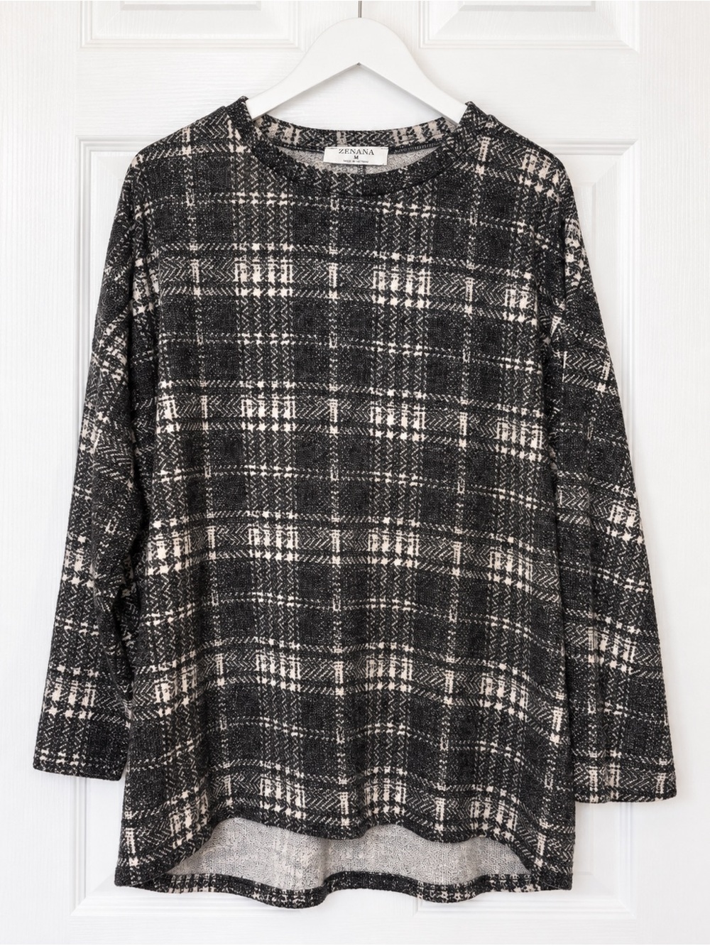 Zenana Outfitters Plaid Tunic Top Size M Black White Oversized Brushed Knit High